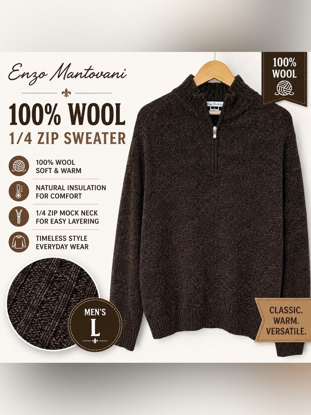 Enzo Mantovani 100% Wool 1/4 Zip Sweater Men’s Large Brown Mock Neck Pullover